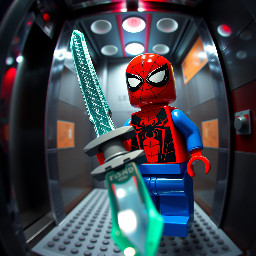 A LEGO Spider-Man minifigure holding an enchanted minecraft sword in a realistic elevator, Fisheye lens perspective, extreme close-up, 3D render, realistic glossy plastic texture